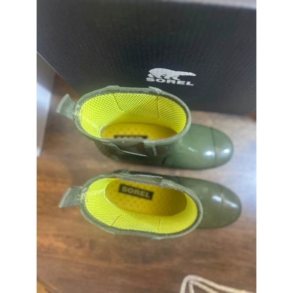 Sorel Joan Rain Wedge Chelsea Gloss Boots Nori Green Waterproof Womens 8.5